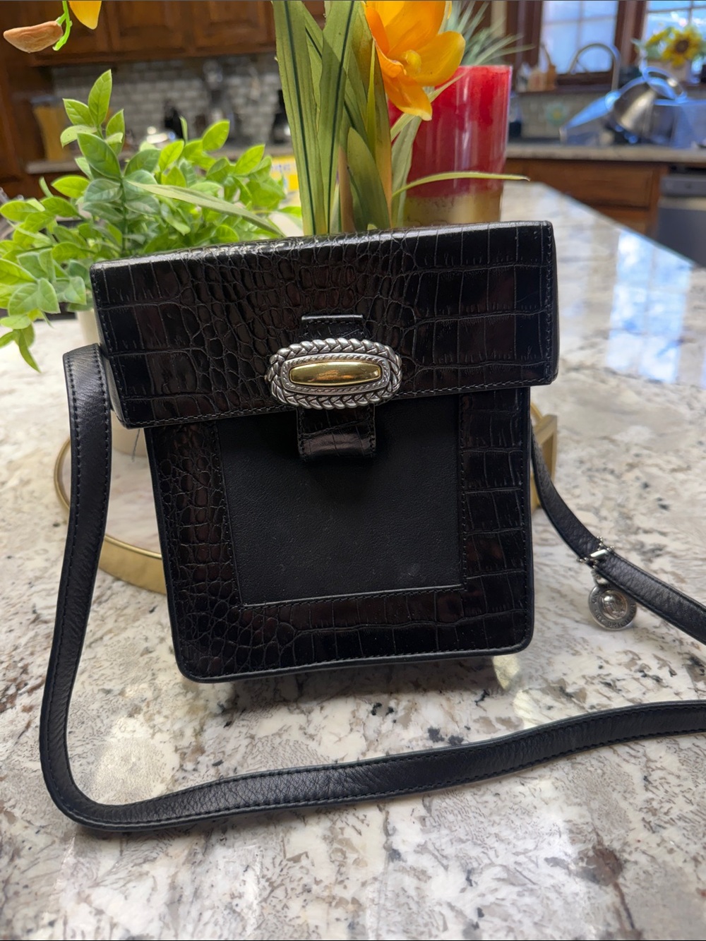 Brighton Black Croc-Embossed Crossbody with Silver-Gold Hardware